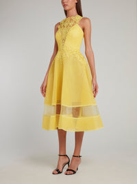 Yellow Lace Neckline Midi Dress