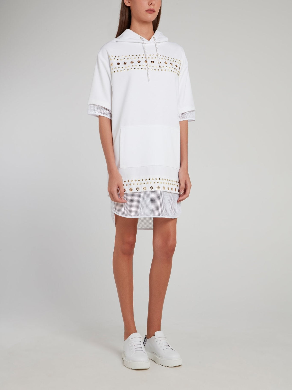 White Net Edge Embellished Hooded Dress