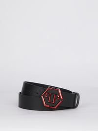 Red Logo Buckle Leather Belt