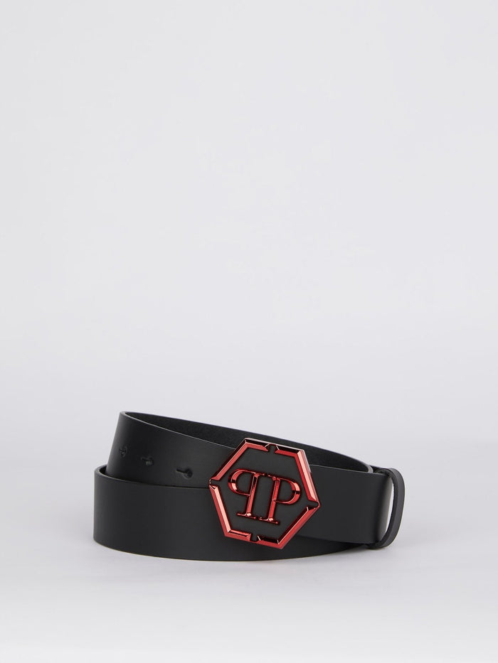 Red Logo Buckle Leather Belt