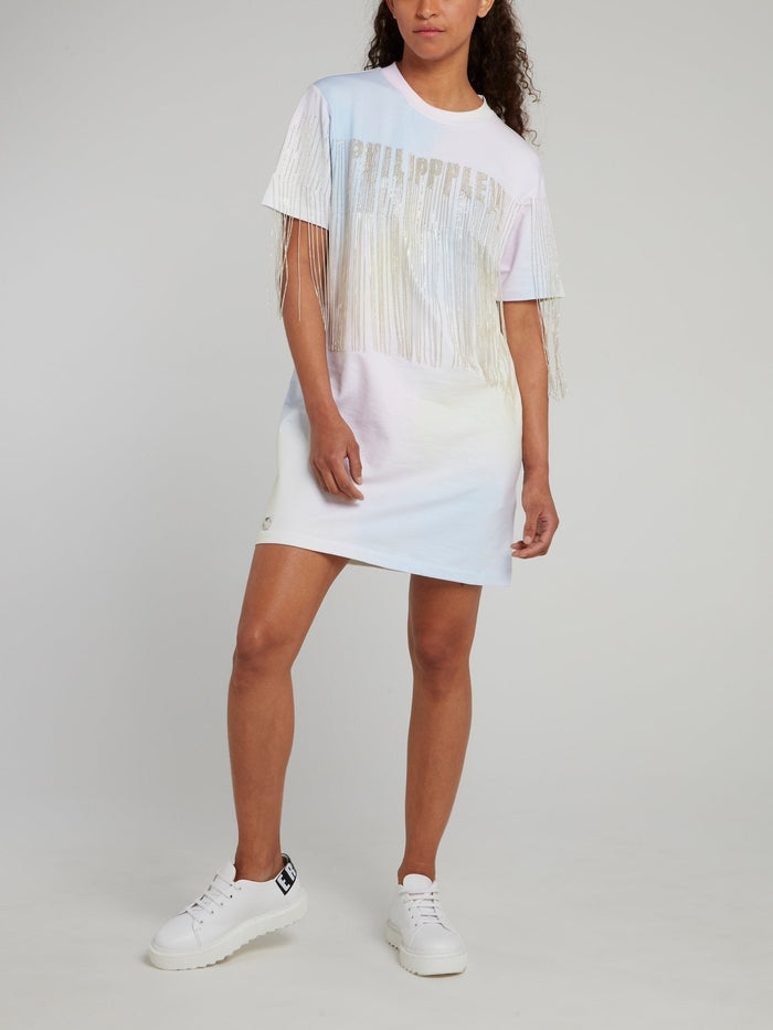 Rainbow Fringed Cotton T-Shirt Dress