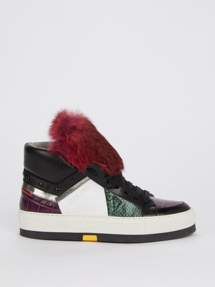 Burgundy Faux Fur High Top Sneakers