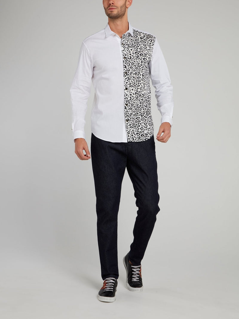 White Leopard Panel Long Sleeve Shirt