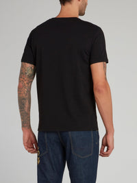 Black Leopard Print Logo Round Neck T-Shirt