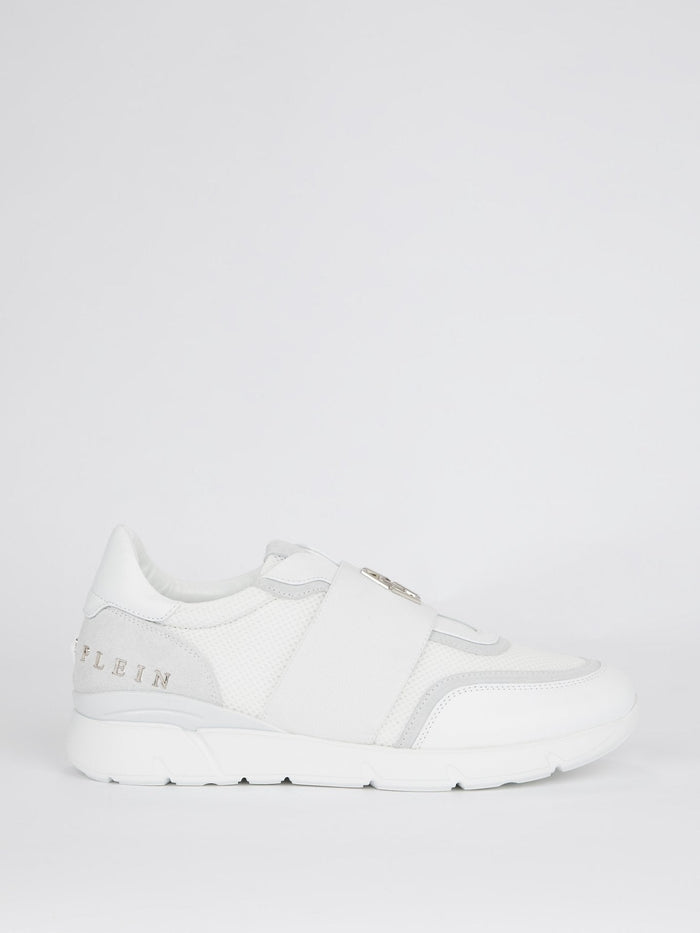 White Elastic Front Strap Mesh Panel Sneakers