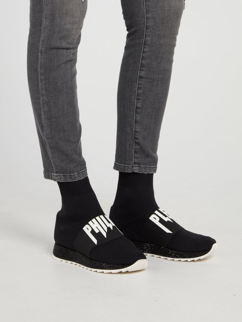 Black High Top Logo Sock Sneakers