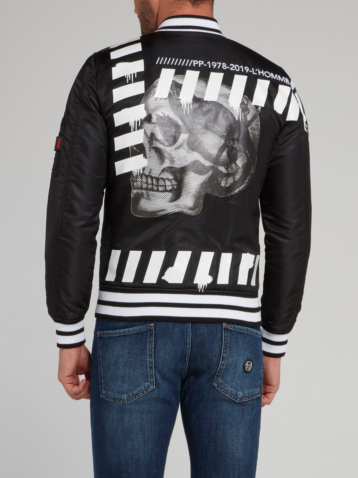 Black Stripe Edge Skull Print Bomber Jacket