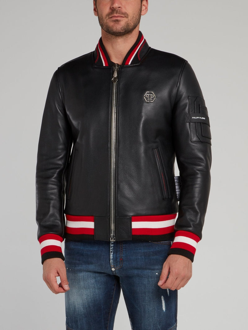 Stripe Edge Skull Leather Bomber Jacket