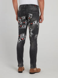 Grey Dollar Skull Slim Fit Jeans