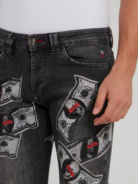 Grey Dollar Skull Slim Fit Jeans