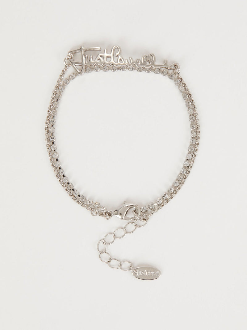 Silver Crystal Embellished Logo Link Bracelet