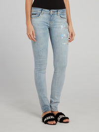 Studded Slim Fit Logo Acid Wash Jeans