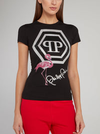 Black Studded Flamingo Print Logo T-Shirt