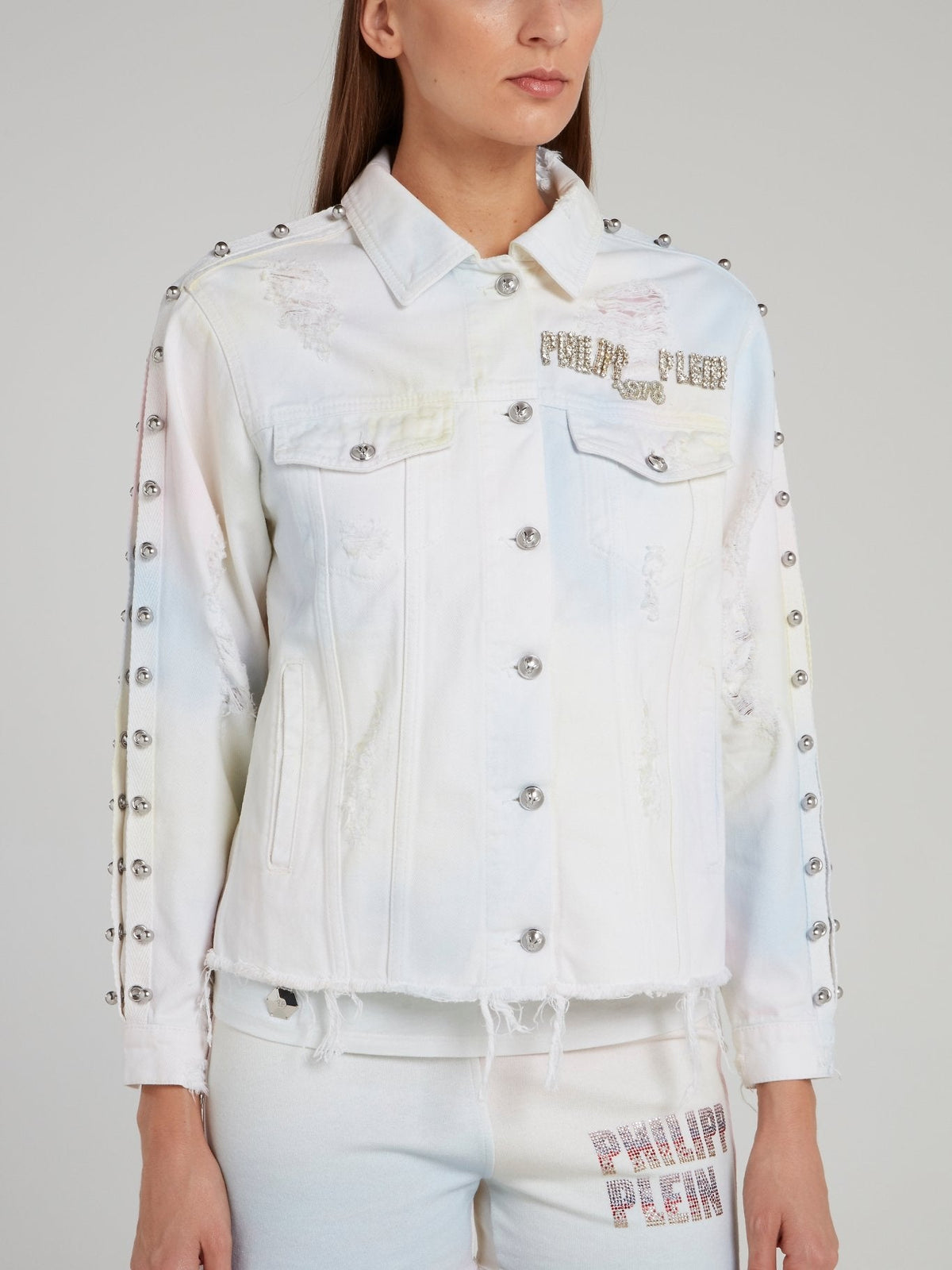 Rainbow Embellished Frayed Denim Jacket