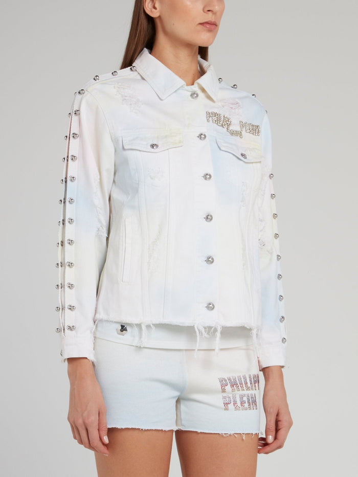 Rainbow Embellished Frayed Denim Jacket