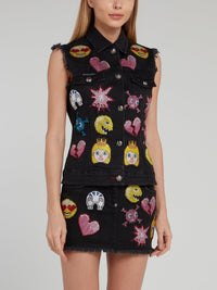 Black Embroidered Emoji Frayed Denim Gilet