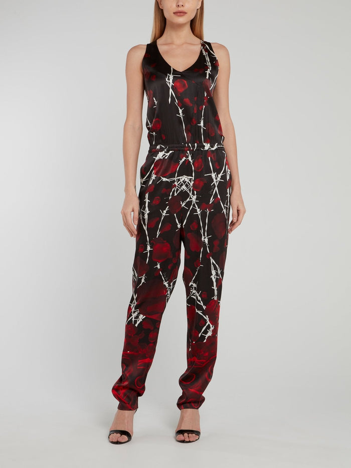 Black Rose Print Back Slit Jumpsuit