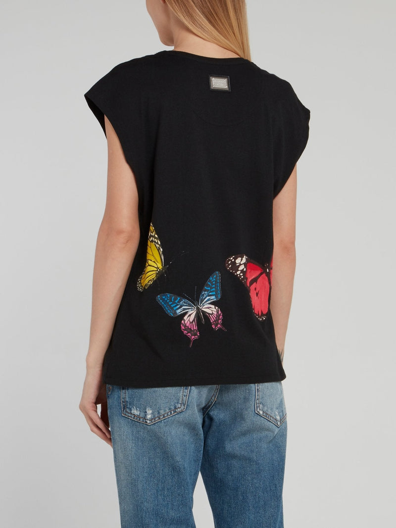 Black Studded Butterfly Cap Sleeve Shirt