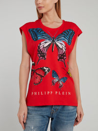 Red Studded Butterfly Cap Sleeve Shirt