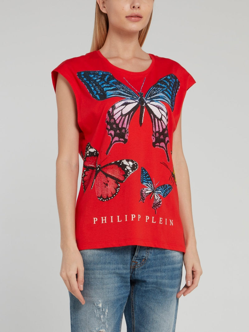 Red Studded Butterfly Cap Sleeve Shirt