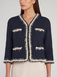 Navy Frayed Detail Long Sleeve Jacket