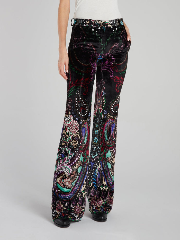 Baroque Print Velvet Flared Pants