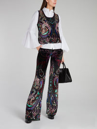 Baroque Print Velvet Flared Pants