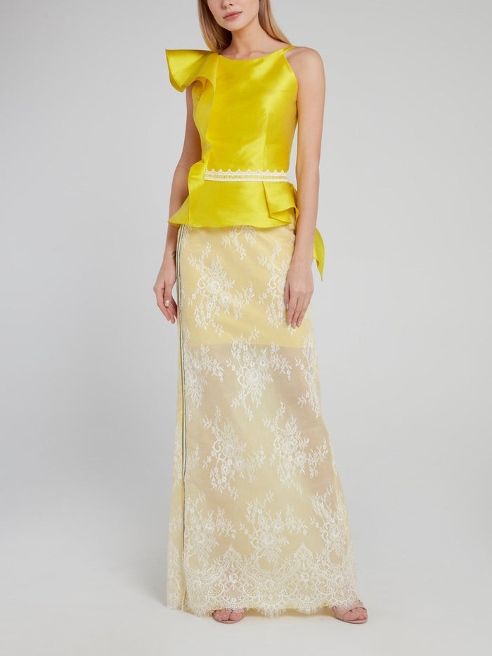 Yellow Floral Detailed Lace Maxi Skirt