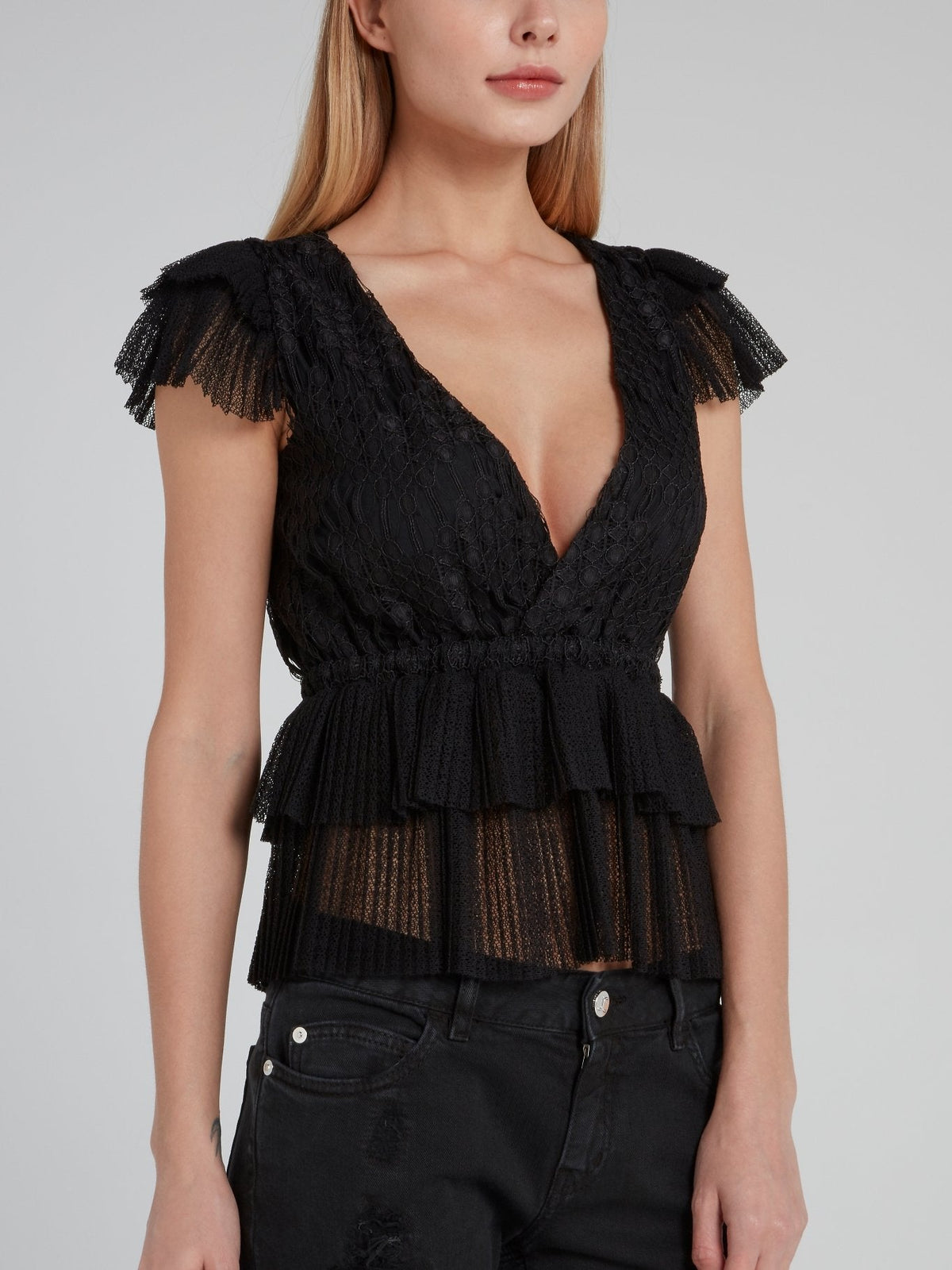 Black Surplice Ruffle Tulle Top