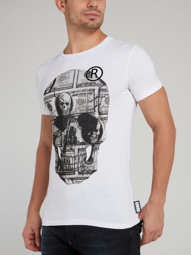 White Dollar Skull Print Logo T-Shirt