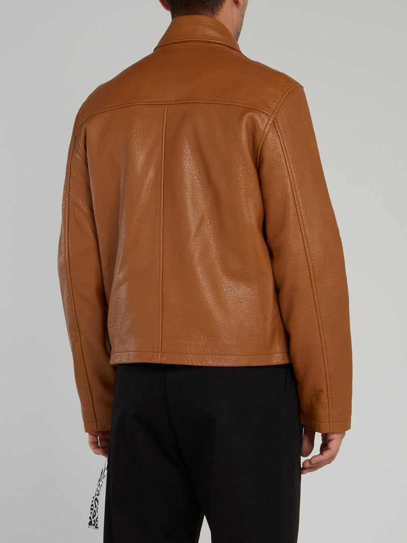 Brown Zip Up Textured Leather Jacket