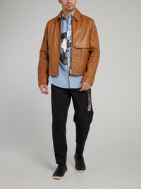 Brown Zip Up Textured Leather Jacket