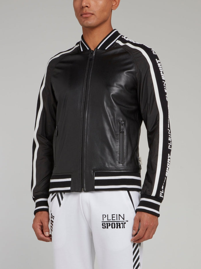 Black Logo Stripe Edge Leather Jacket