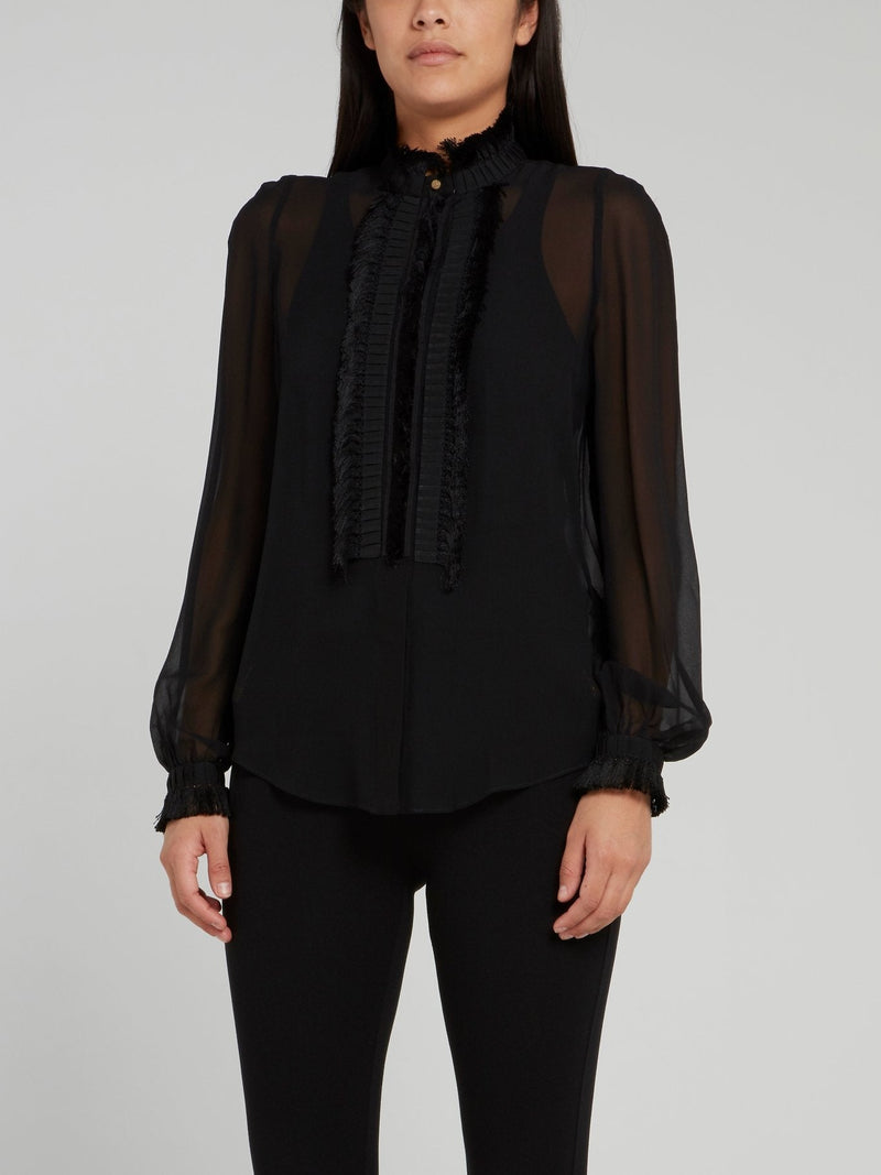 Black Bishop Sleeve Frayed Mesh Top