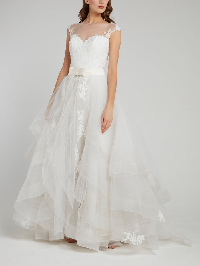 White Illusion Neckline Ruffle Bridal Gown