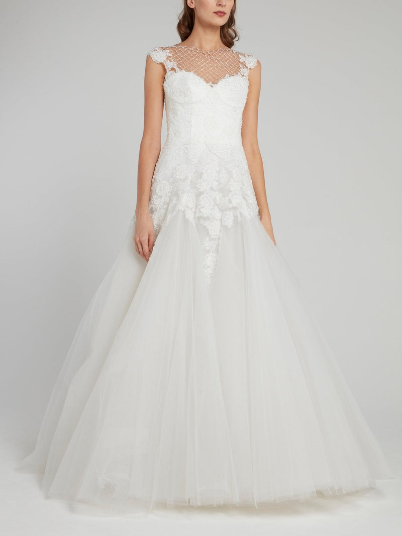 White Net Mesh Panel Tulle Bridal Gown