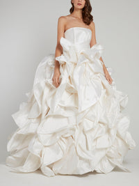 White Strapless Ruffled Ball Gown Bridal Dress