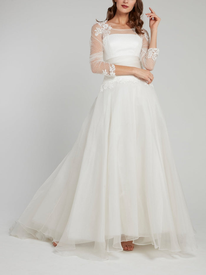 White Sheer Overlay A-Line Bridal Gown