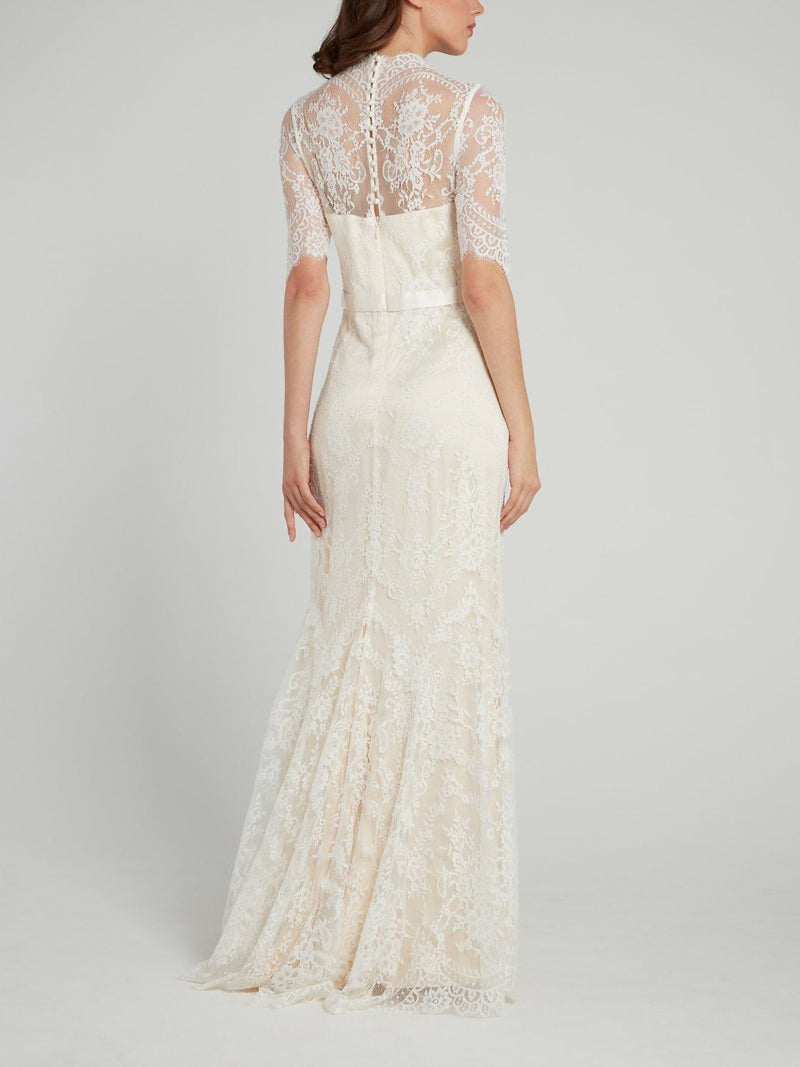 White Back Button Half Sleeve Lace Bridal Dress