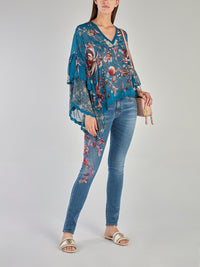 Blue Floral Print Flounce Sleeve Top