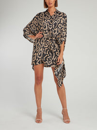 Jacquard Print Tie Front Collared Dress