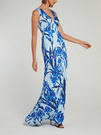 Blue Floral Print Empire Waist Maxi Dress