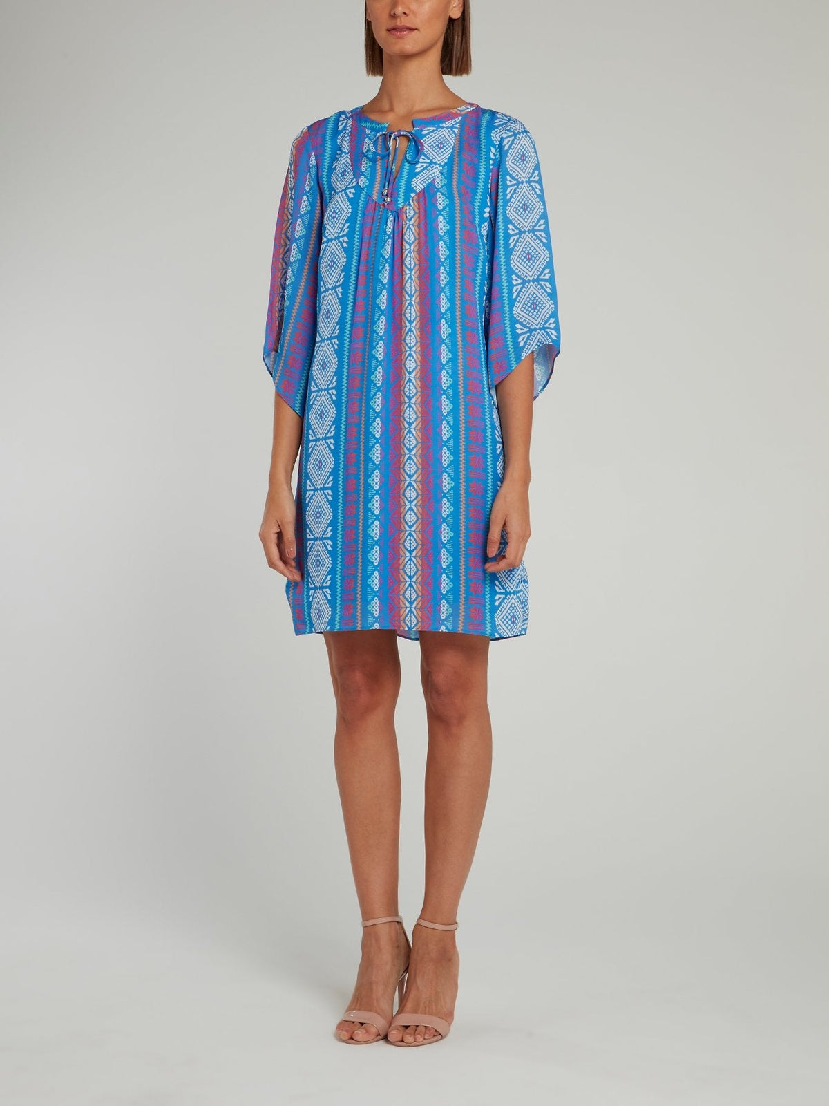 Blue Jacquard Print Half Sleeve Shift Dress