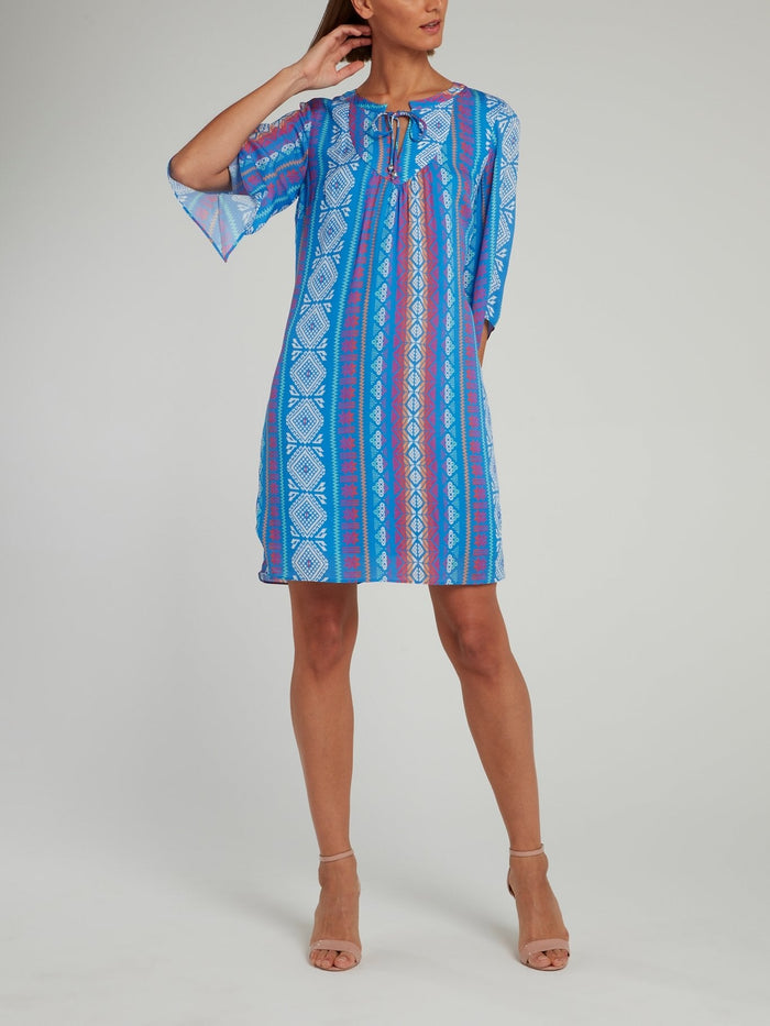 Blue Jacquard Print Half Sleeve Shift Dress