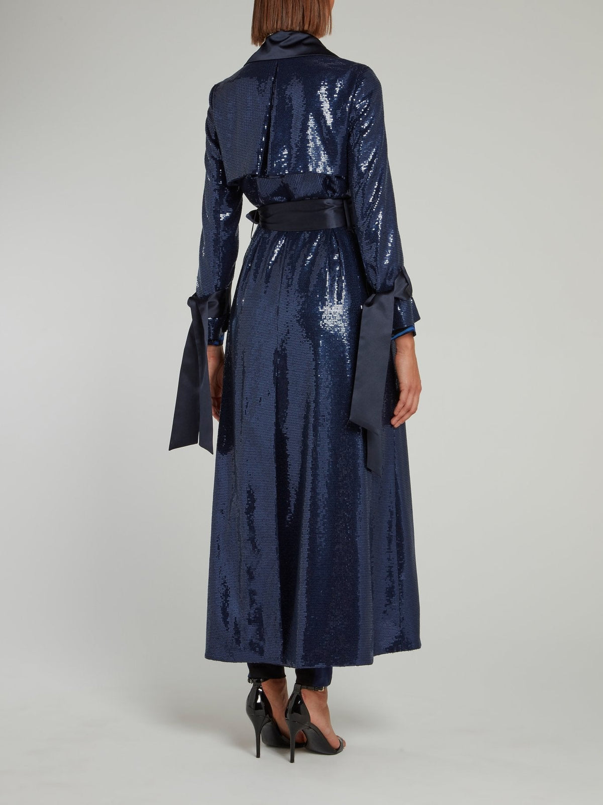 Navy Embellished Tie Cuff Trench Coat