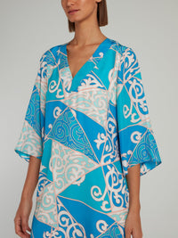 Blue Jacquard Print V-Neck Shift Dress