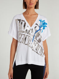 White Logo Statement V-Neck Loose Shirt