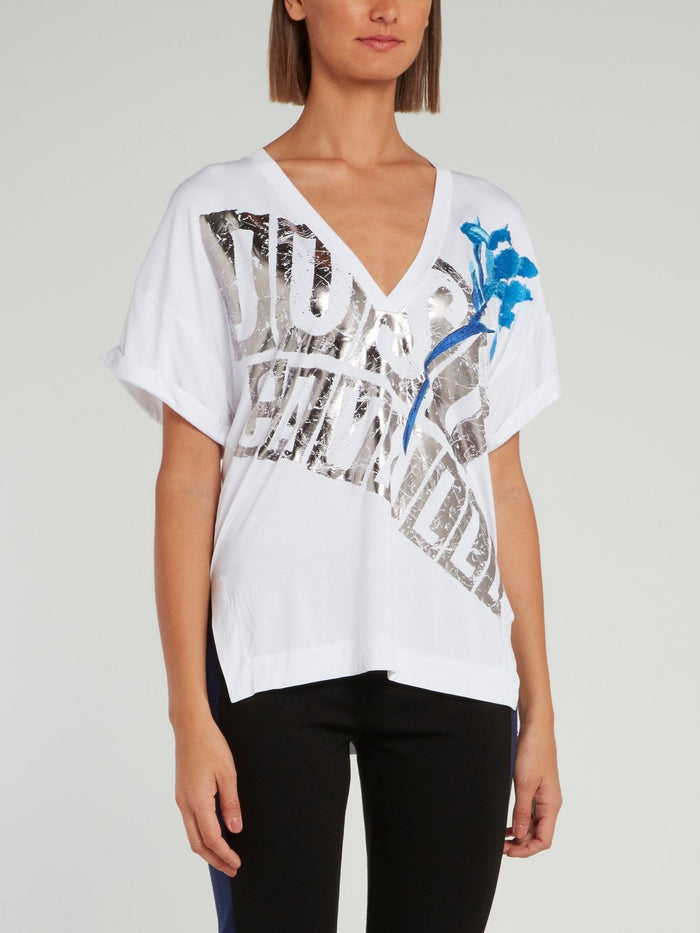 White Logo Statement V-Neck Loose Shirt