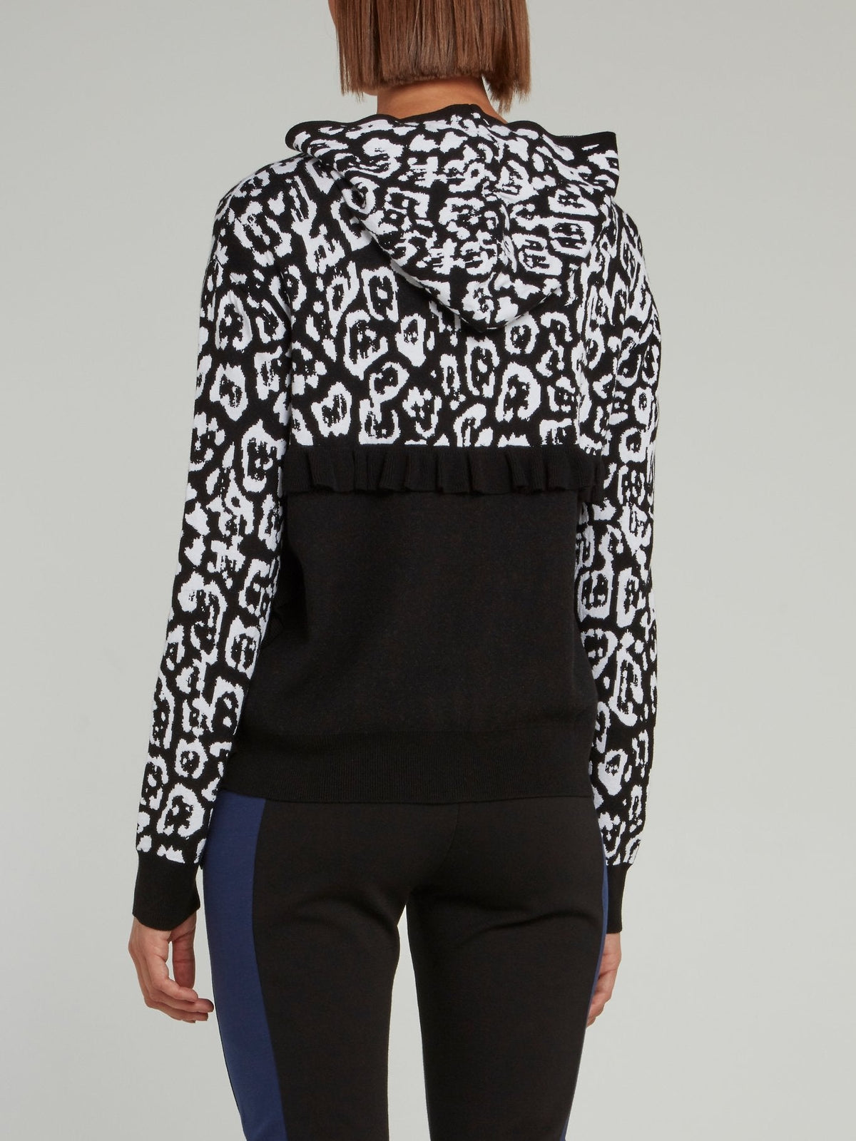 Black and White Mid Frill Leopard Panel Hooded Sweatshirt