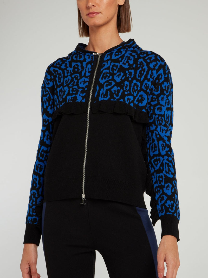 Black and Blue Mid Frill Leopard Panel Hooded Sweatshirt